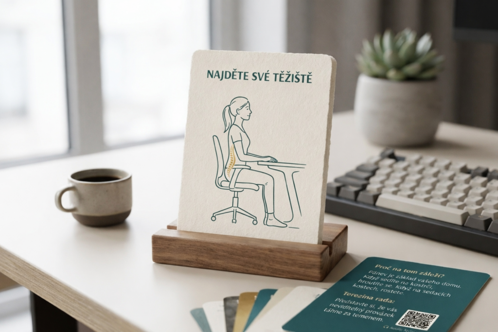 Ergonomické sezení u pracovního stolu – karta s návodem „Najděte své těžiště“ na stojánku vedle klávesnice